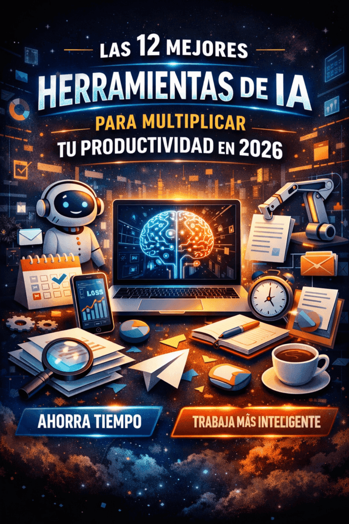 12 herramientas de IA para productividad en 2026 organizadas en un escritorio digital moderno