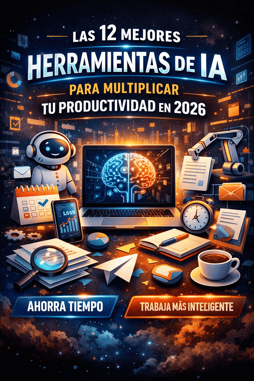 Ilustración de herramientas de IA para productividad en 2026 integradas en un entorno de trabajo digital moderno