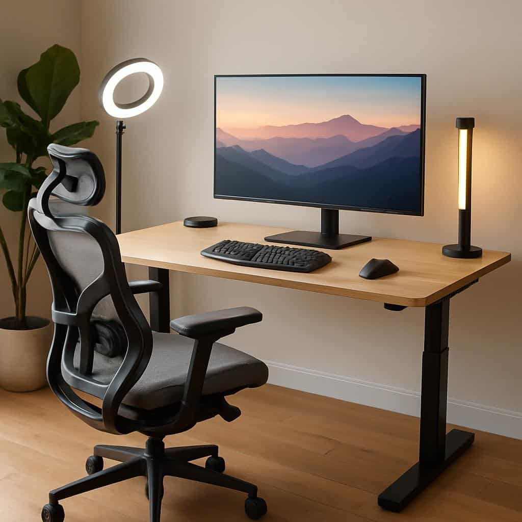 Escritorio ergonómico ajustable con silla de oficina y monitor para productividad en home office 2026