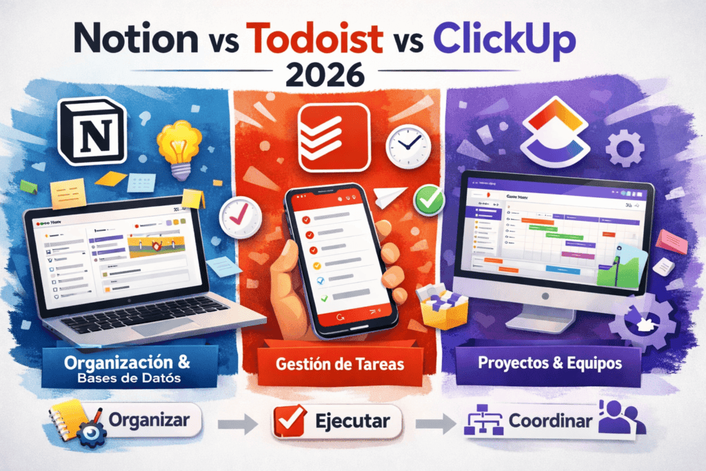 Notion vs Todoist vs ClickUp 2026 comparativa de herramientas de productividad