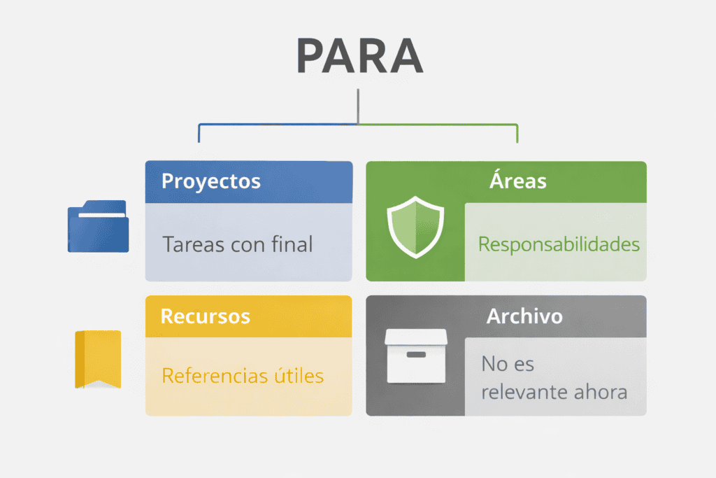 Diagrama del método PARA con las cuatro categorías: Proyectos, Áreas, Recursos y Archivo