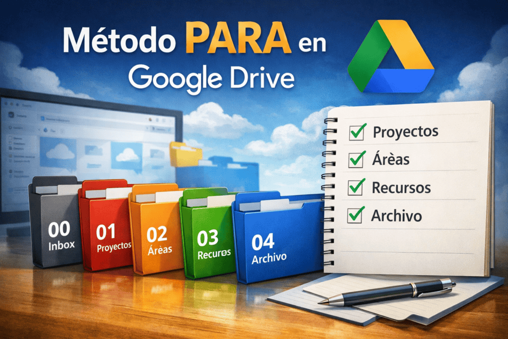 Aplicación del método PARA en Google Drive con estructura de carpetas organizada