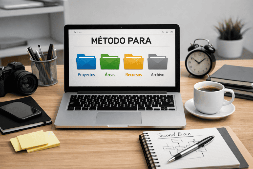 Diagrama visual del método PARA de Tiago Forte para organizar proyectos, áreas, recursos y archivo