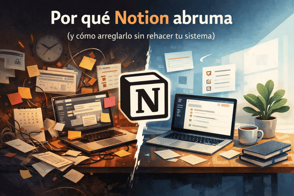 Ilustración que muestra por qué Notion abruma cuando se usa sin un sistema claro y cómo puede simplificarse