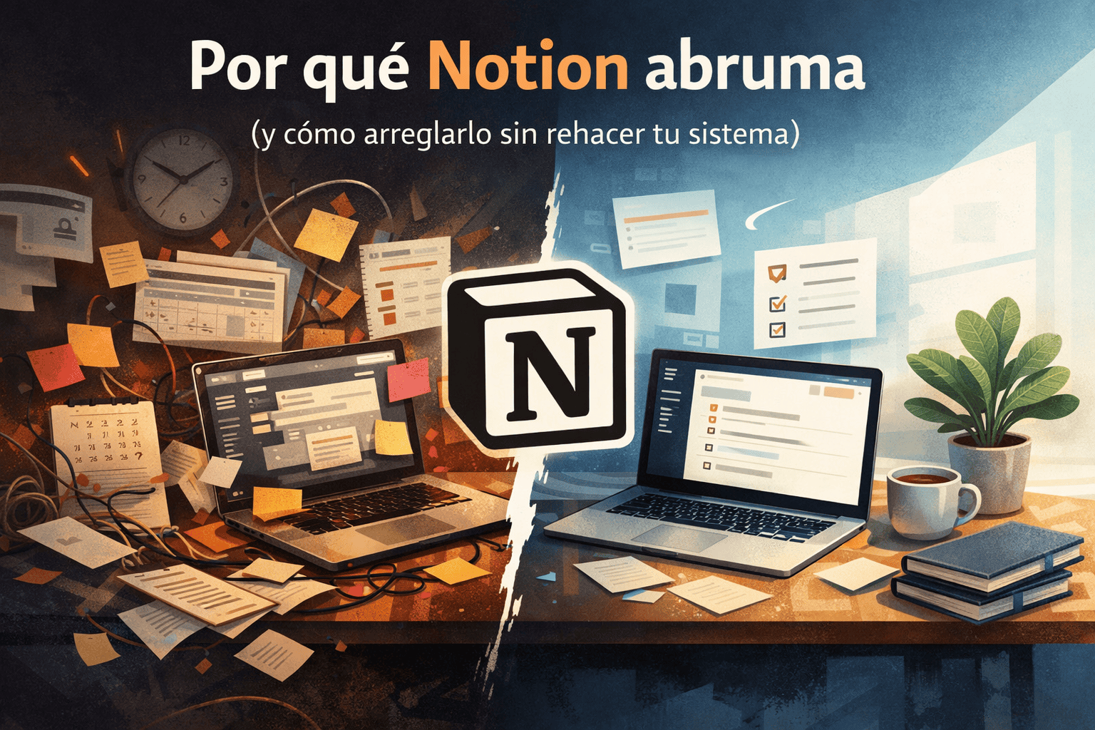 Ilustración que muestra por qué Notion abruma cuando se usa sin un sistema claro y cómo puede simplificarse