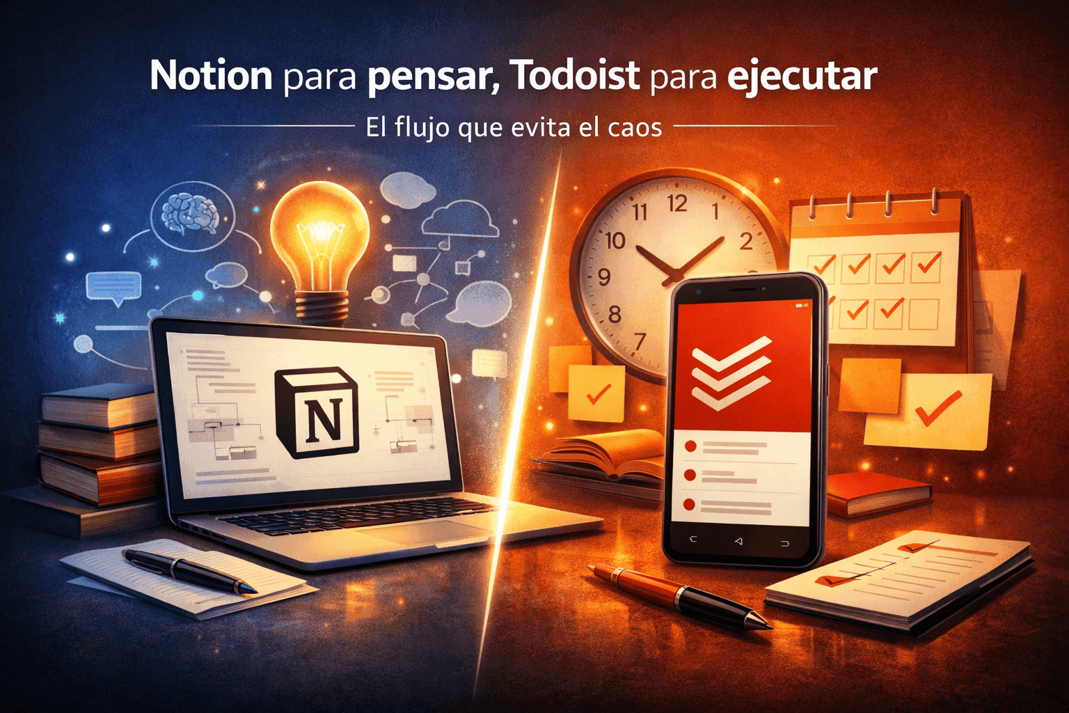 Ilustración que representa cómo usar Notion y Todoist juntos separando pensar y ejecutar para evitar el caos