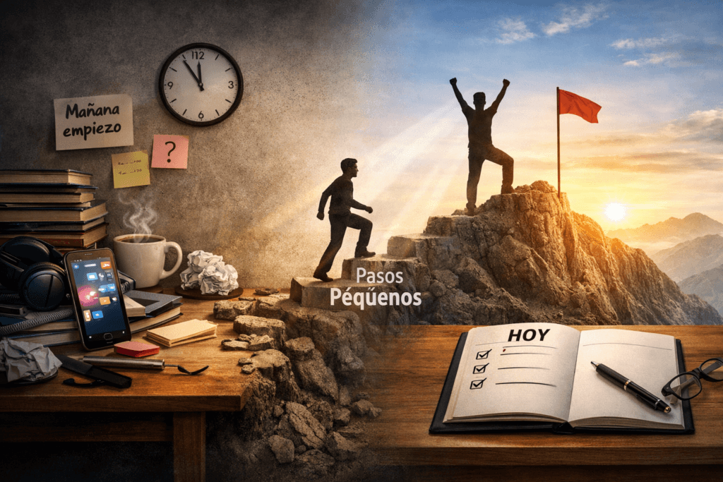 Ilustración que muestra cómo dejar de procrastinar avanzando con pequeños pasos desde el caos y las distracciones hacia la productividad