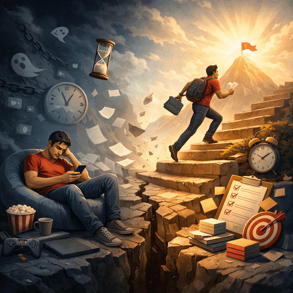 Ilustración sobre cómo dejar de procrastinar mostrando la diferencia entre distracción y productividad