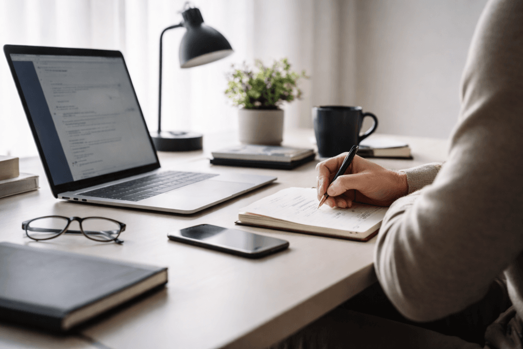 persona trabajando con alta concentración mental en un entorno de trabajo minimalista