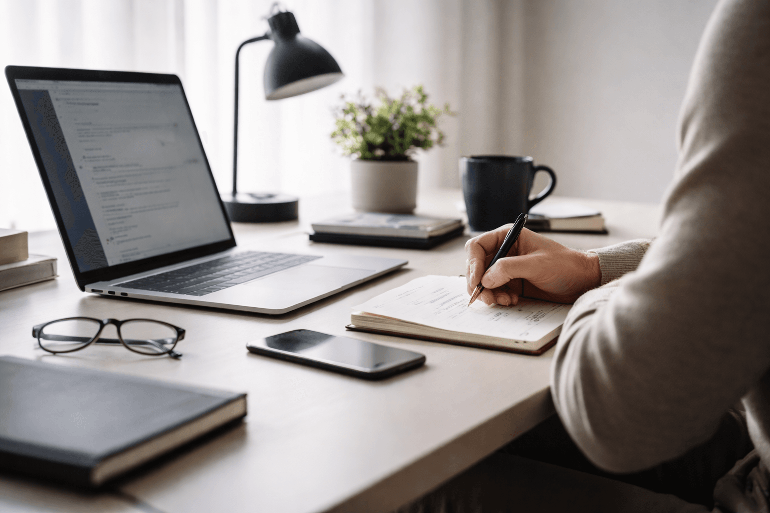 persona trabajando con alta concentración mental en un entorno de trabajo minimalista