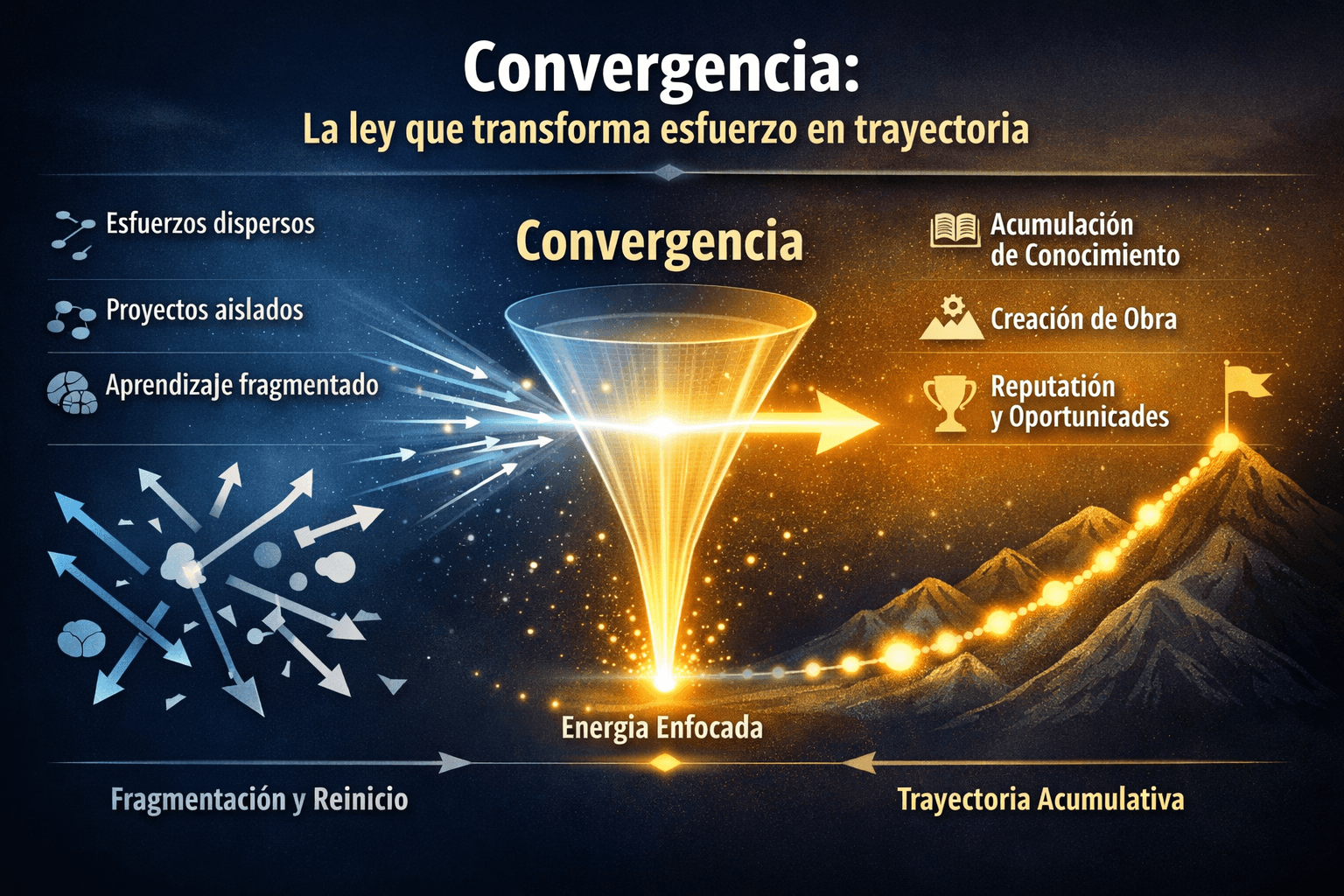 diagrama de convergencia en el sistema de productividad AXIA que muestra cómo los esfuerzos dispersos se alinean para construir una trayectoria acumulativa