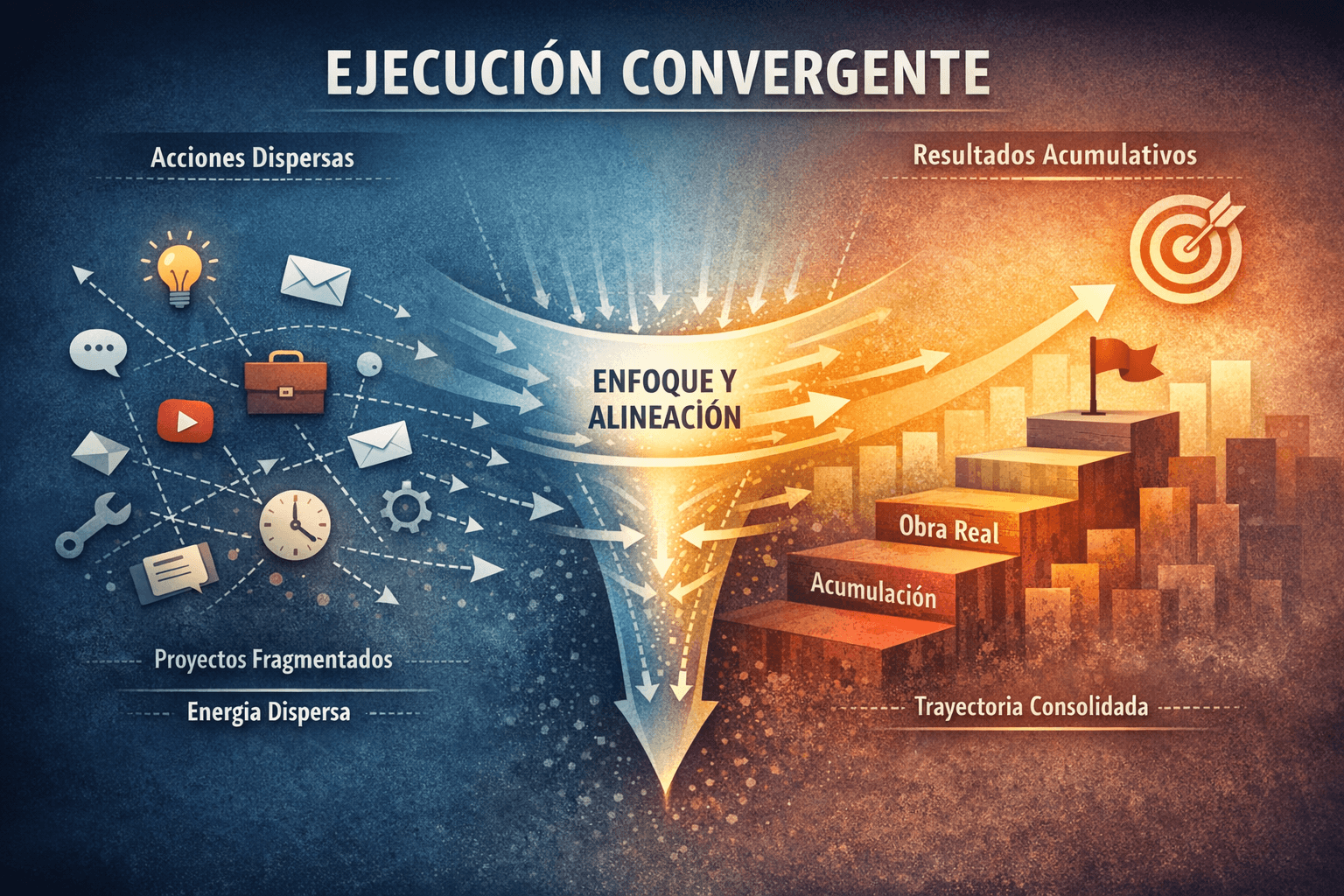 diagrama de ejecución convergente del sistema AXIA que muestra cómo las acciones dispersas se alinean para generar resultados acumulativos y trayectoria profesional