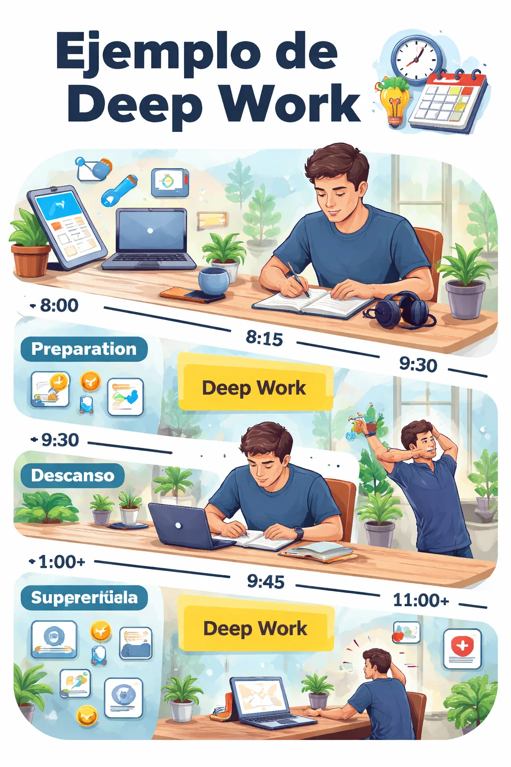 ejemplo de deep work aplicado a una jornada de trabajo profundo con bloques de concentración