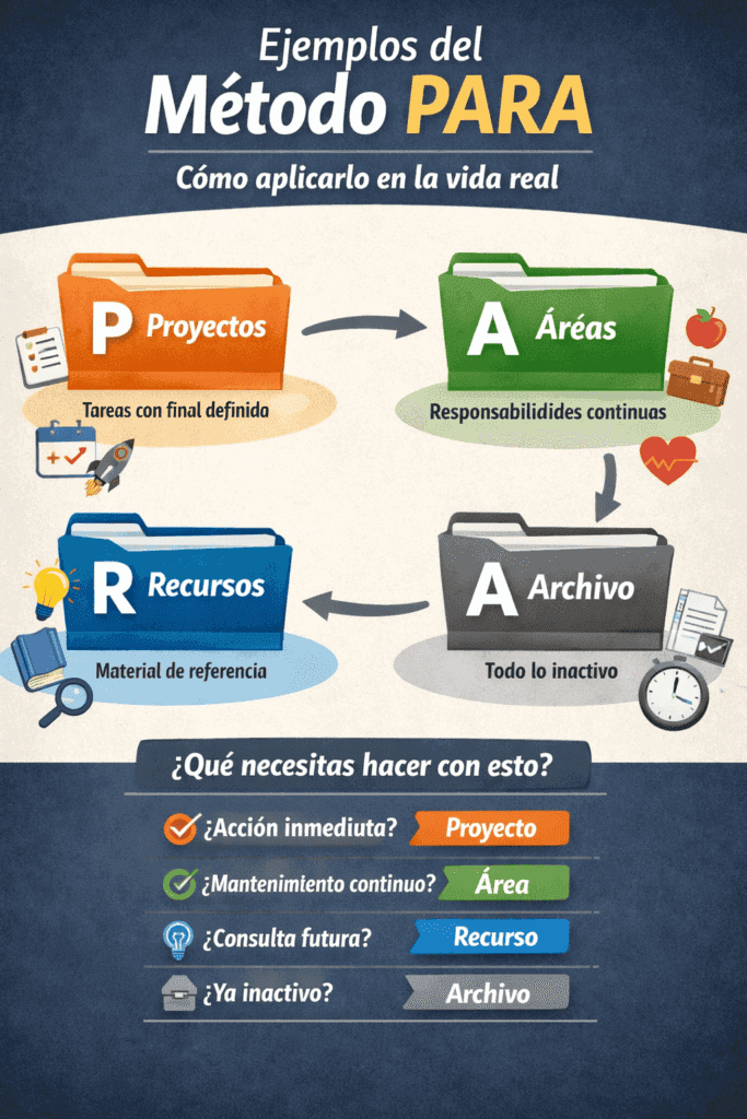 ejemplos del metodo PARA con proyectos areas recursos y archivo aplicados a organizacion digital
