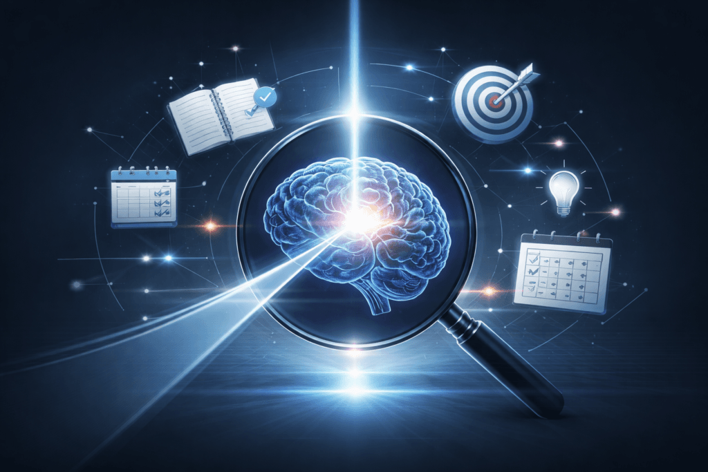 foco mental representado como concentración profunda del cerebro en una tarea