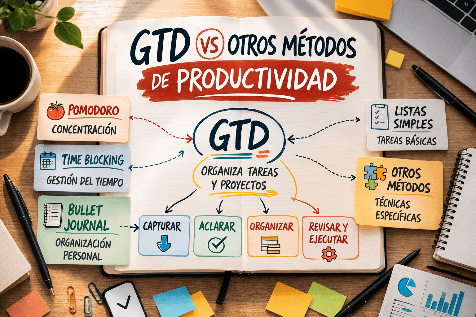 comparativa GTD vs otros métodos de productividad como pomodoro time blocking y bullet journal