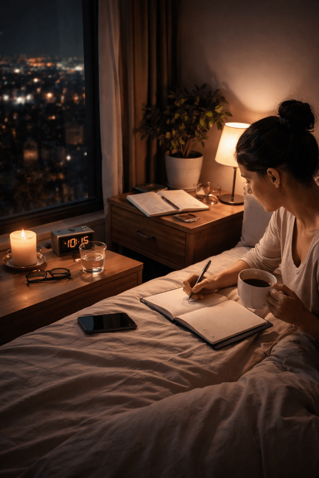 persona escribiendo en un cuaderno durante una rutina de hábitos productivos por la noche