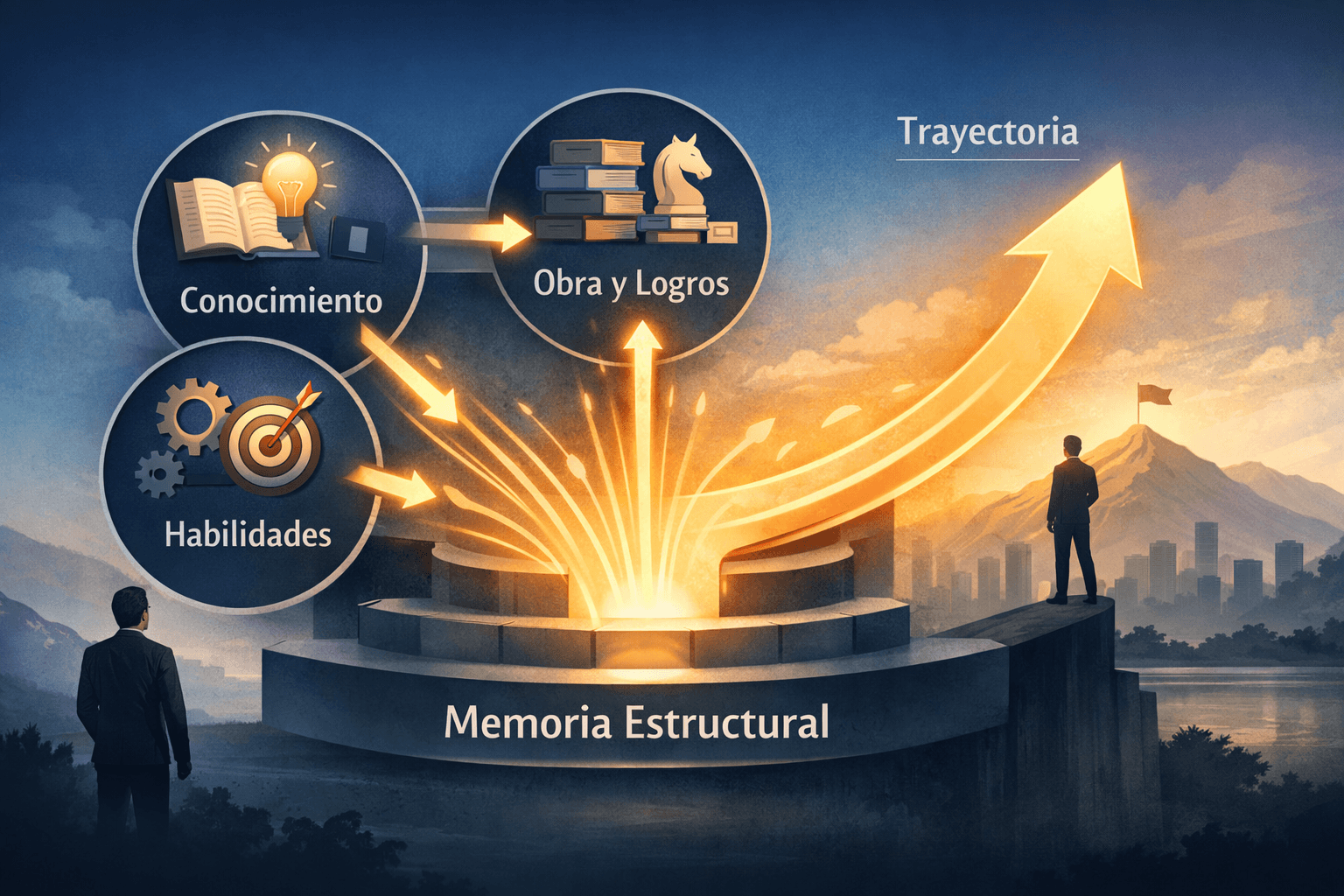 memoria estructural en el sistema AXIA explicada con un diagrama de acumulación de conocimiento habilidades y obra