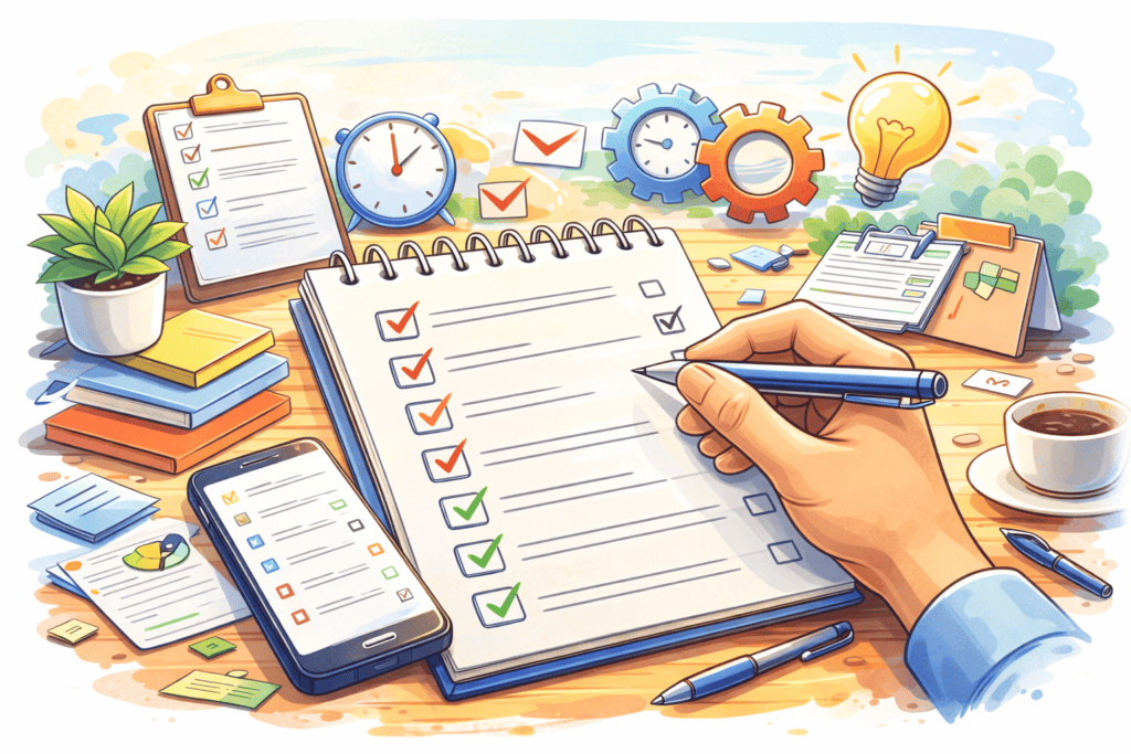 Organización de tareas con el método GTD y lista de acciones completadas en un sistema de productividad