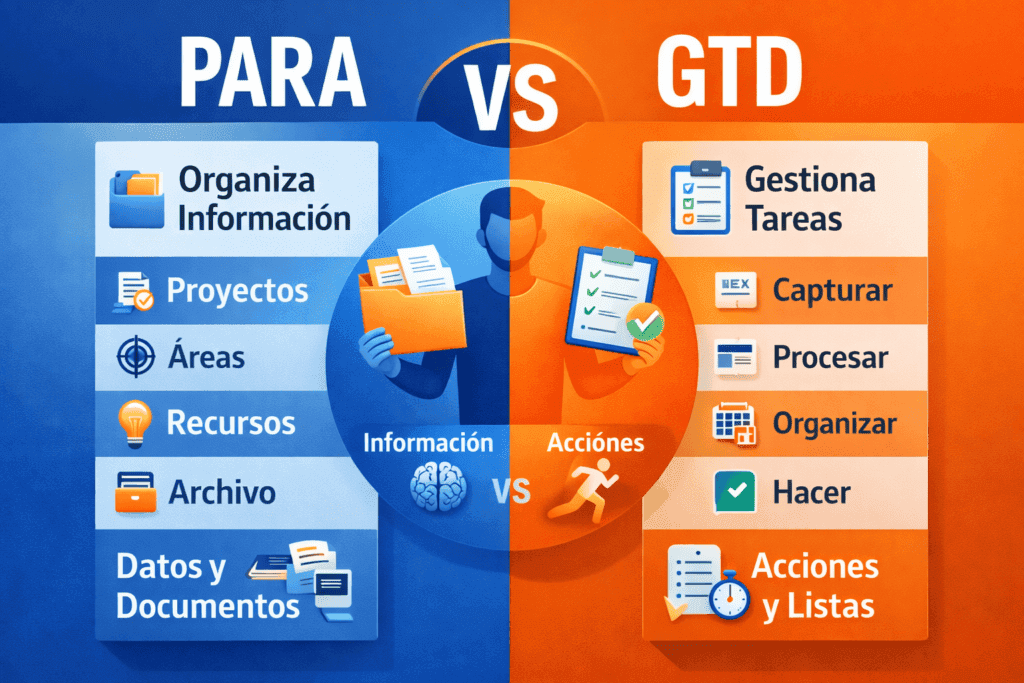 comparacion metodo para vs gtd para organizar proyectos tareas e informacion en un sistema de productividad