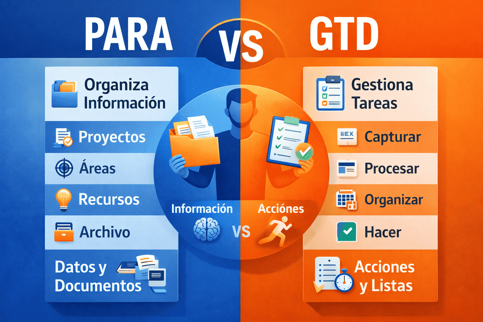 comparacion metodo para vs gtd sistemas de organizacion de productividad proyectos tareas e informacion