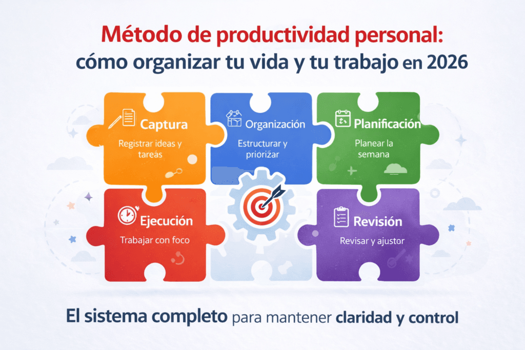 Método de productividad personal con las cinco piezas del sistema: captura, organización, planificación, ejecución y revisión