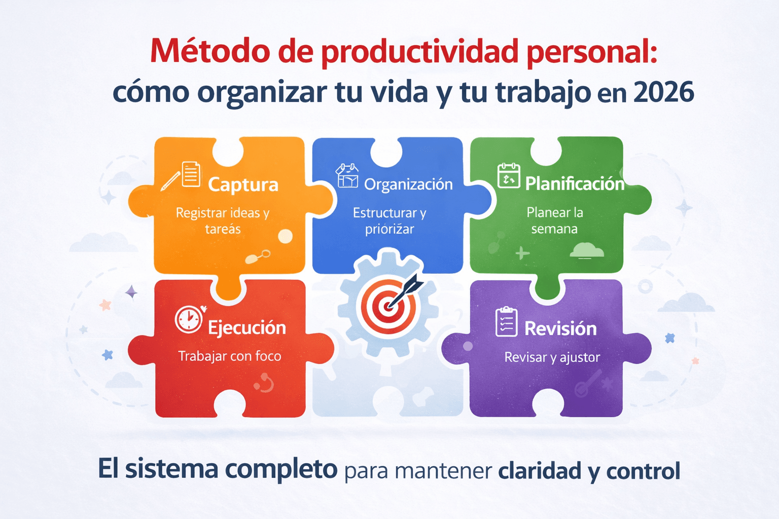 Método de productividad personal con las cinco piezas del sistema: captura, organización, planificación, ejecución y revisión