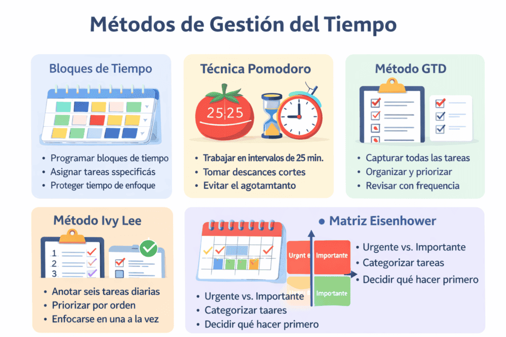 metodos de gestion del tiempo como pomodoro gtd time blocking y matriz eisenhower