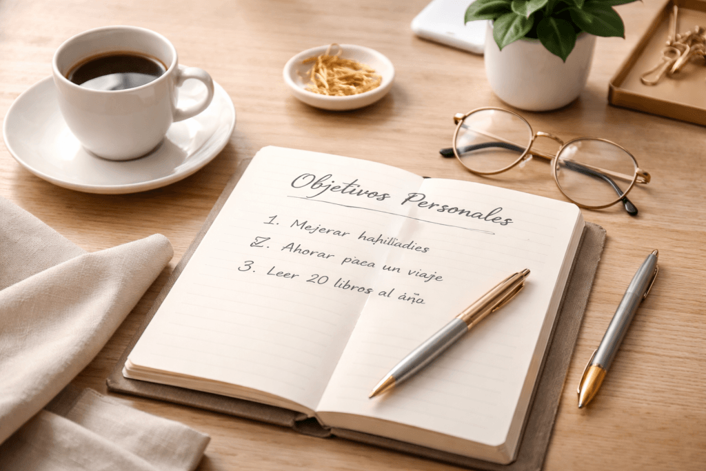 objetivos personales escritos en una libreta con planificación de metas y lista de objetivos