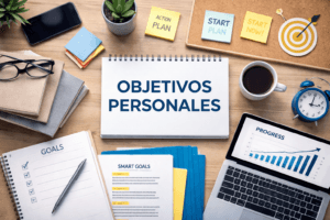 planificación de objetivos personales en un escritorio con metas y seguimiento del progreso