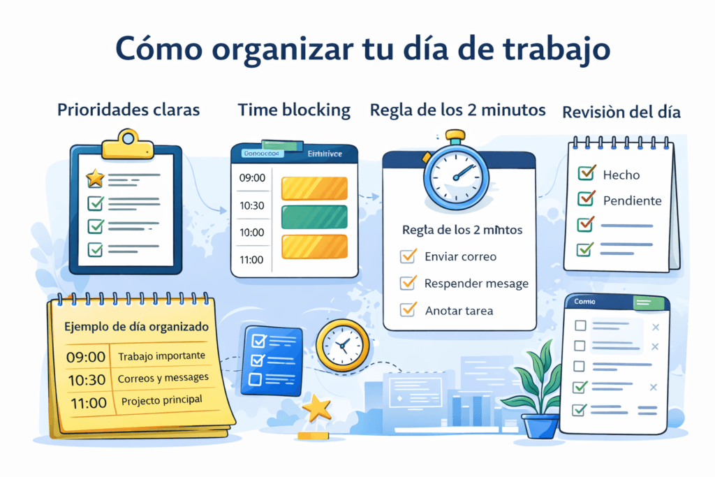 cómo organizar tu día de trabajo con prioridades claras, time blocking y revisión diaria
