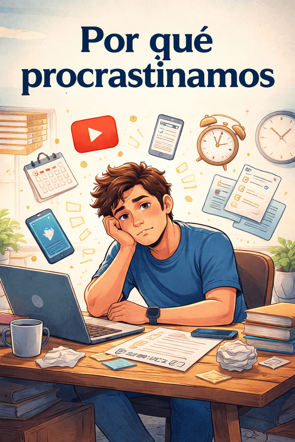 Ilustración que representa por qué procrastinamos mostrando distracciones y tareas pendientes en un escritorio de trabajo