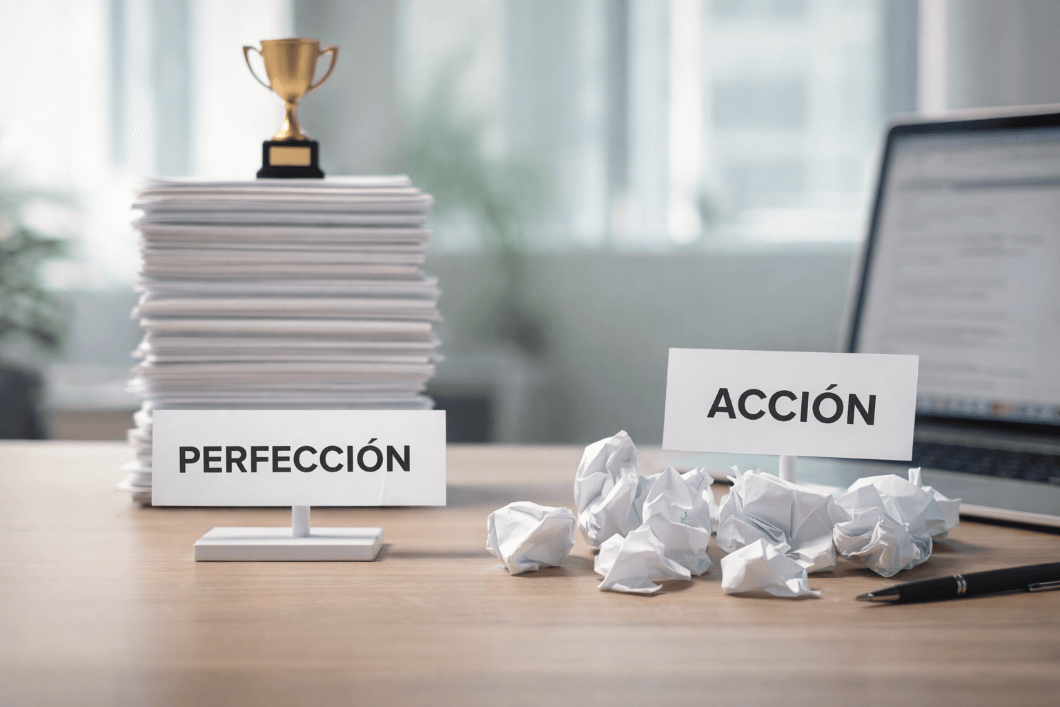 procrastinación por perfeccionismo frente a acción en un entorno de trabajo