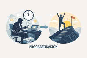 Ilustración que muestra el paso de la procrastinación a la acción y la productividad