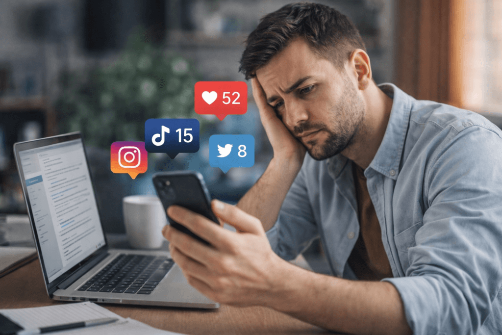 procrastinar con redes sociales mientras una persona revisa el móvil en lugar de trabajar en el ordenador