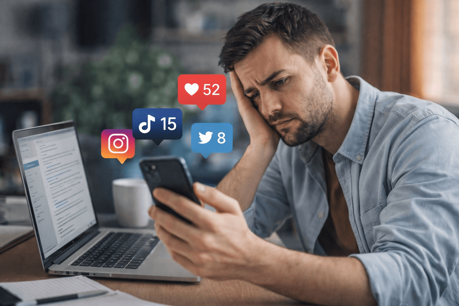 procrastinar con redes sociales mientras una persona revisa el móvil en lugar de trabajar en el ordenador