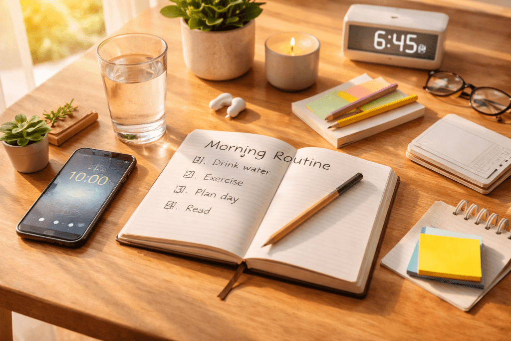 rutina de mañana productiva con hábitos matutinos y planificación del día