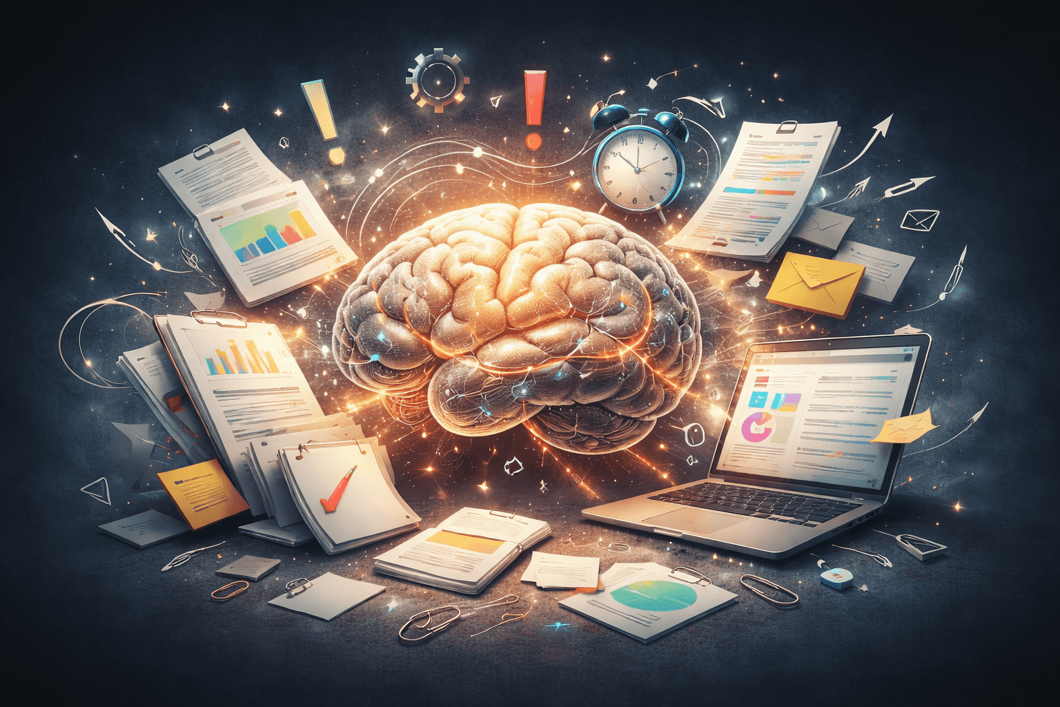 sobrecarga mental representada como saturación de información y tareas en la mente
