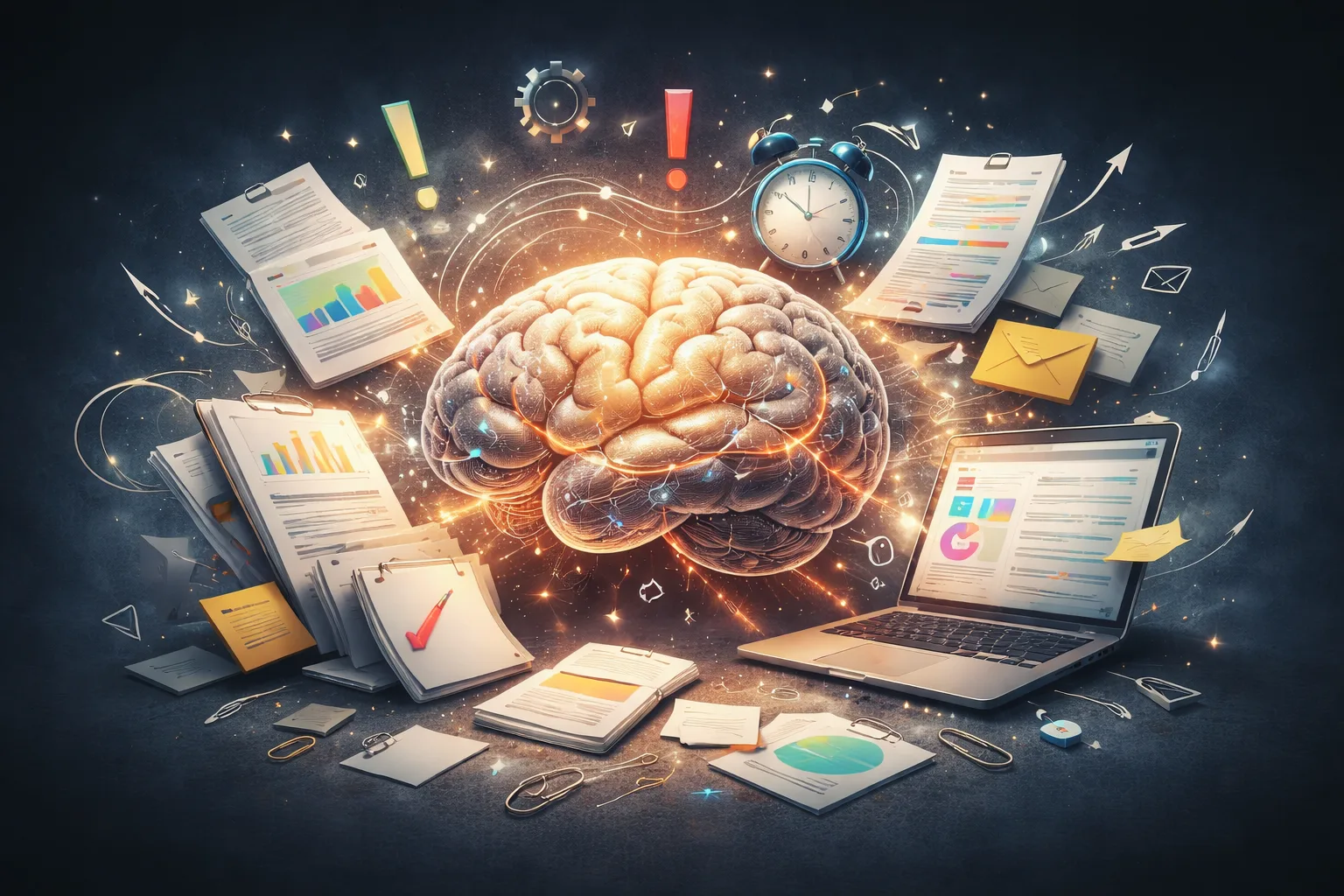 sobrecarga mental representada como saturación de información y tareas en la mente