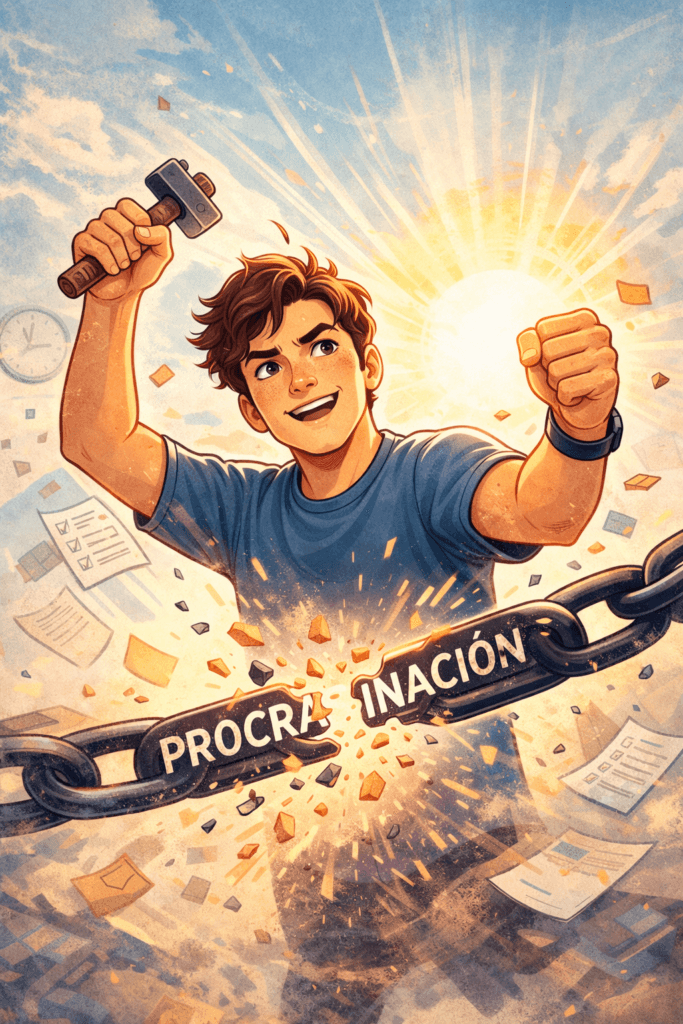 Ilustración que representa superar la procrastinación rompiendo una cadena de distracción y empezando a actuar
