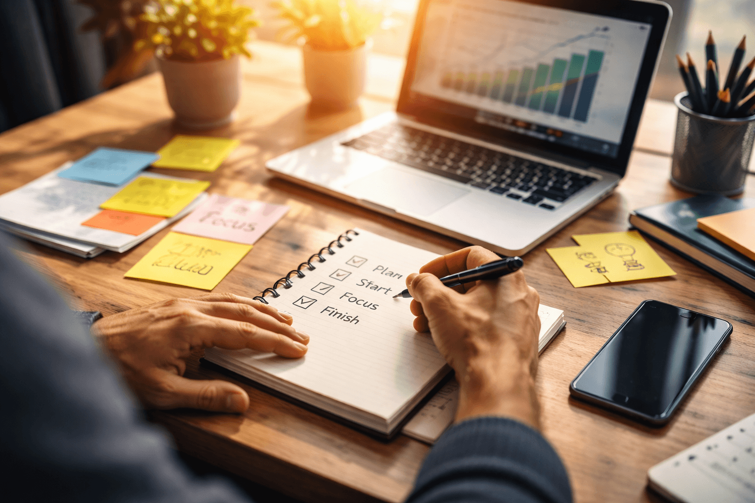 técnicas para dejar de procrastinar organizando tareas en un escritorio de trabajo