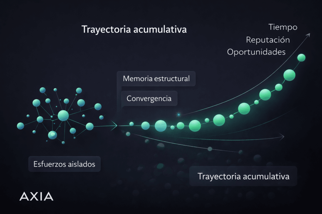 Diagrama del sistema AXIA que muestra cómo los esfuerzos aislados pueden convertirse en una trayectoria acumulativa mediante memoria estructural y convergencia.
