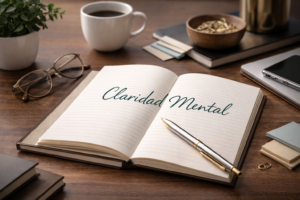 escritorio ordenado con cuaderno representando claridad mental y pensamiento organizado