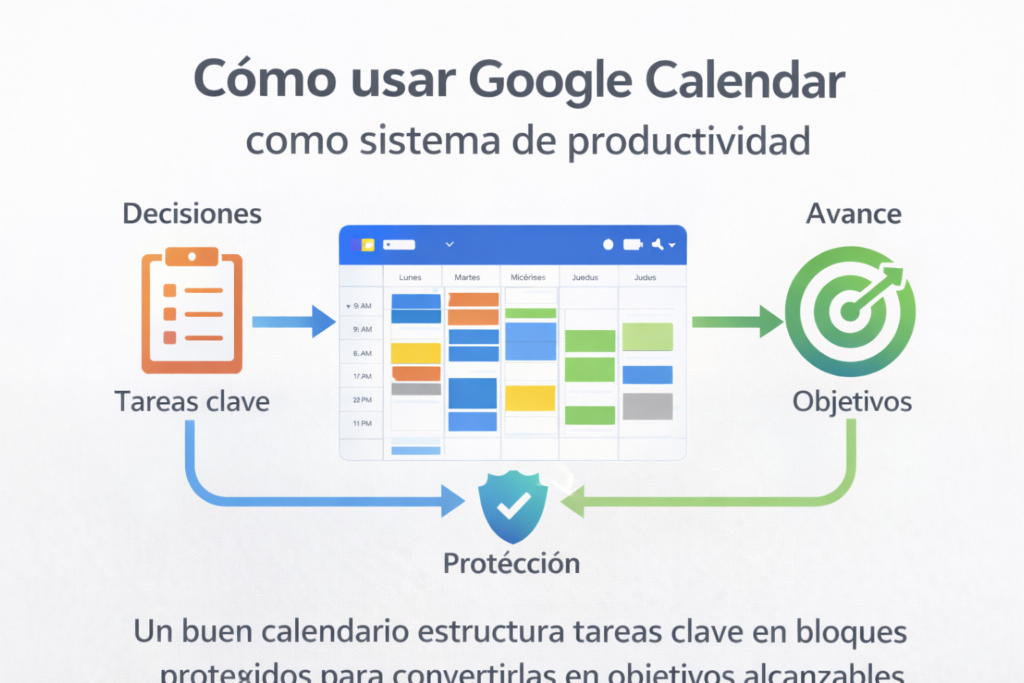 como usar google calendar diagrama de productividad con bloques de tiempo y objetivos