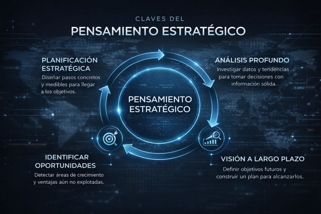 diagrama de las claves del pensamiento estratégico con análisis planificación visión a largo plazo y detección de oportunidades