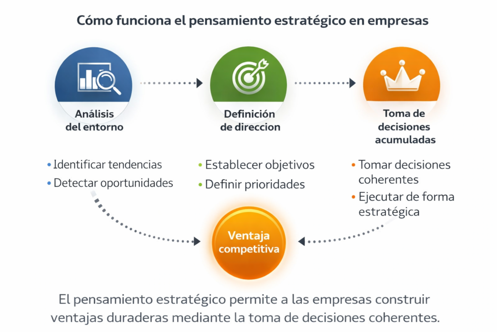 diagrama de cómo funciona el pensamiento estratégico en empresas y la construcción de ventaja competitiva