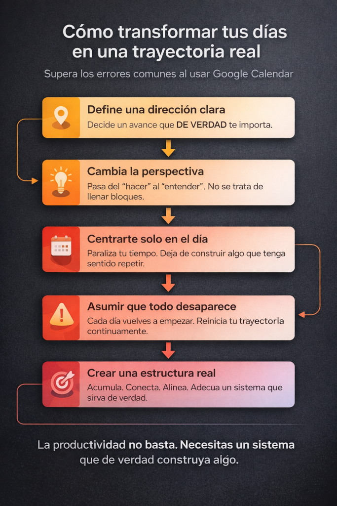 errores al usar Google Calendar explicados en un diagrama de productividad y planificación diaria
