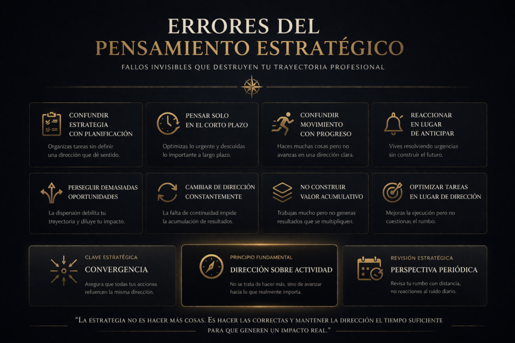 infografía sobre errores del pensamiento estratégico en la toma de decisiones profesionales
