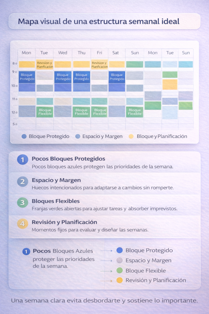 organizar semana google calendar estructura semanal con bloques protegidos flexibles y margen