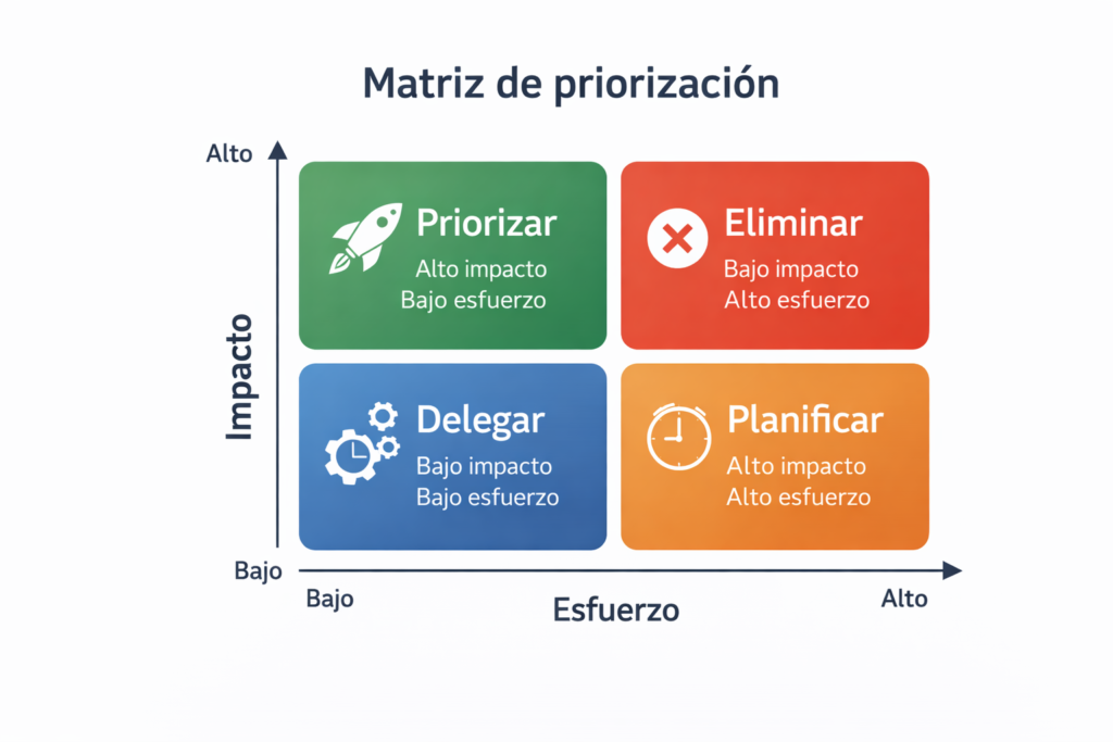 matriz de priorización impacto esfuerzo para decidir tareas importantes
